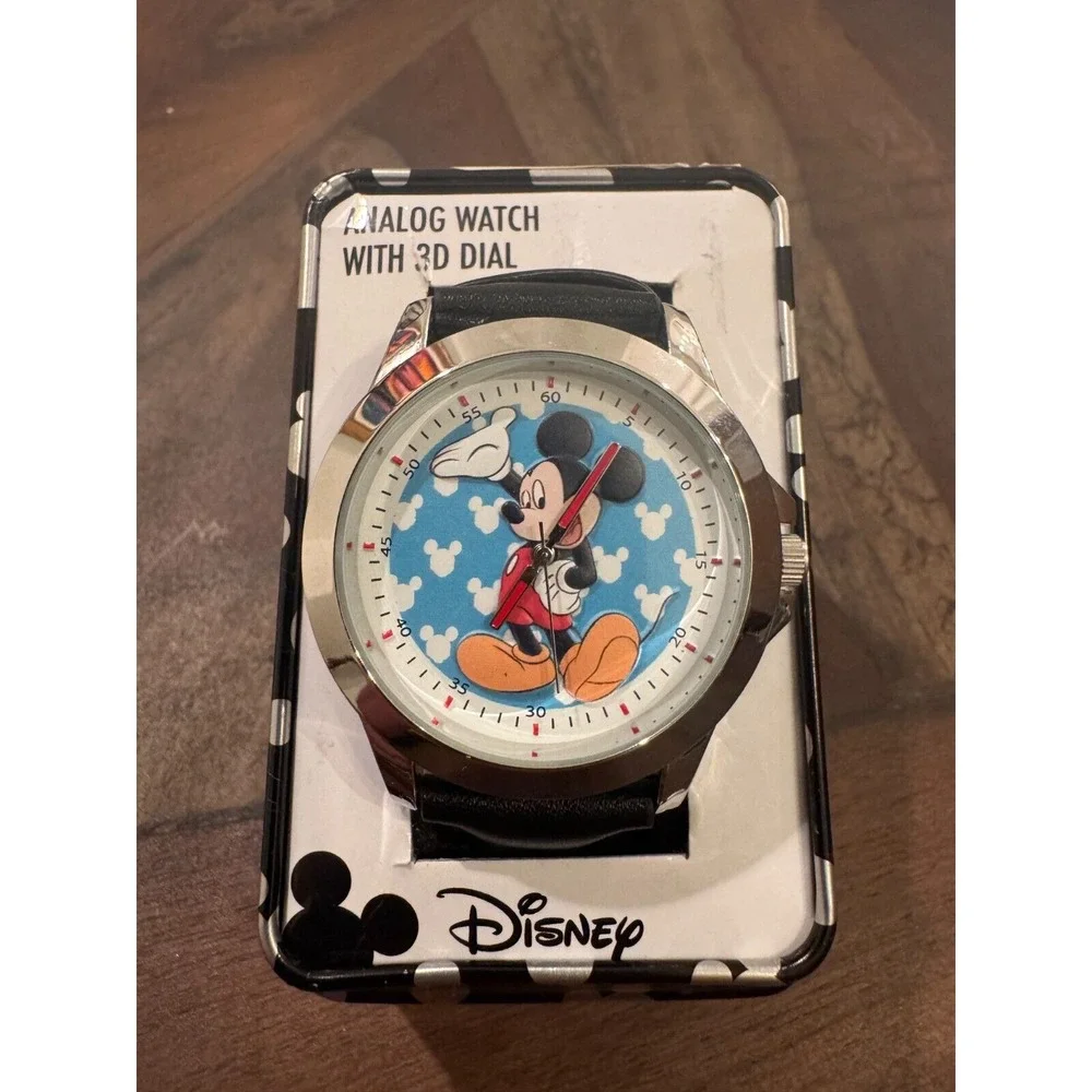Disney Mickey Mouse Analog‎ Watch 3D Dial Black Leather Band in Tin Box